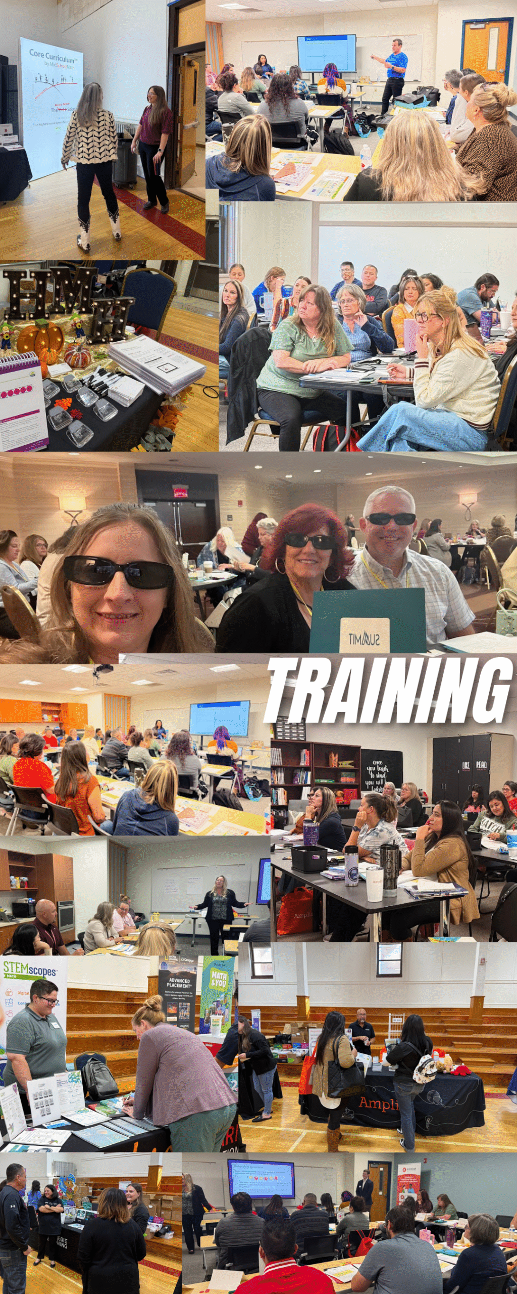 Collage of multiple photos from a professional training session, with a large, white overlay text that reads 